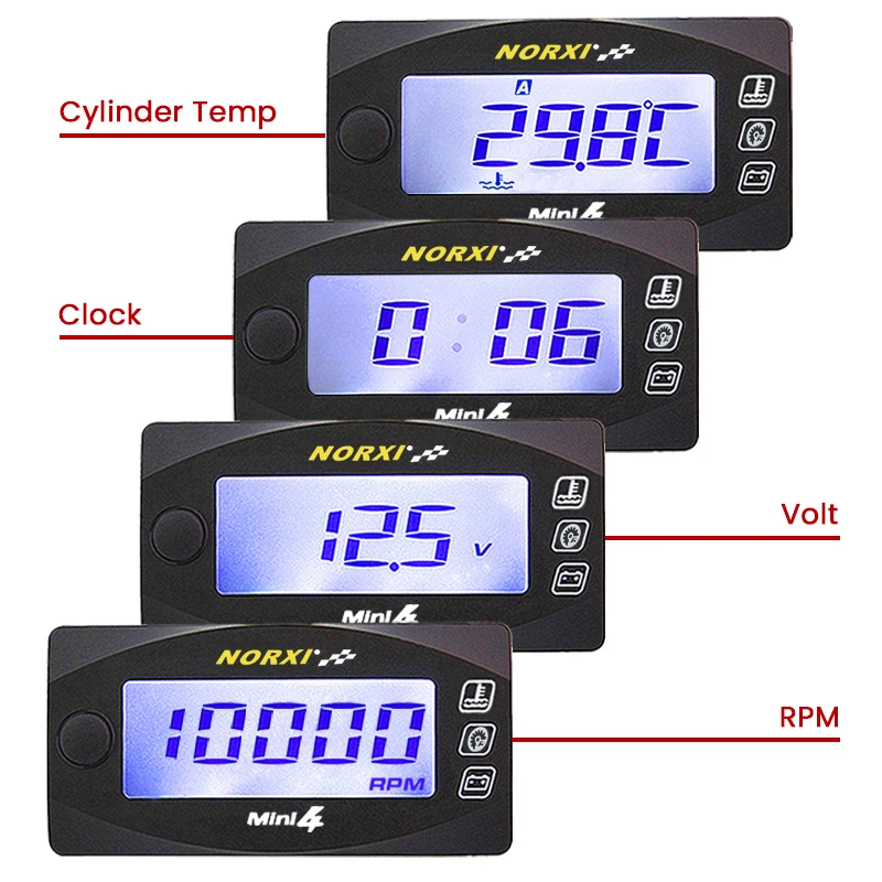 Motorcycles cylinder head temperature Voltmeter Time RPM Tachometer Mini 4 in 1 LED Digital Display Quad meter-2