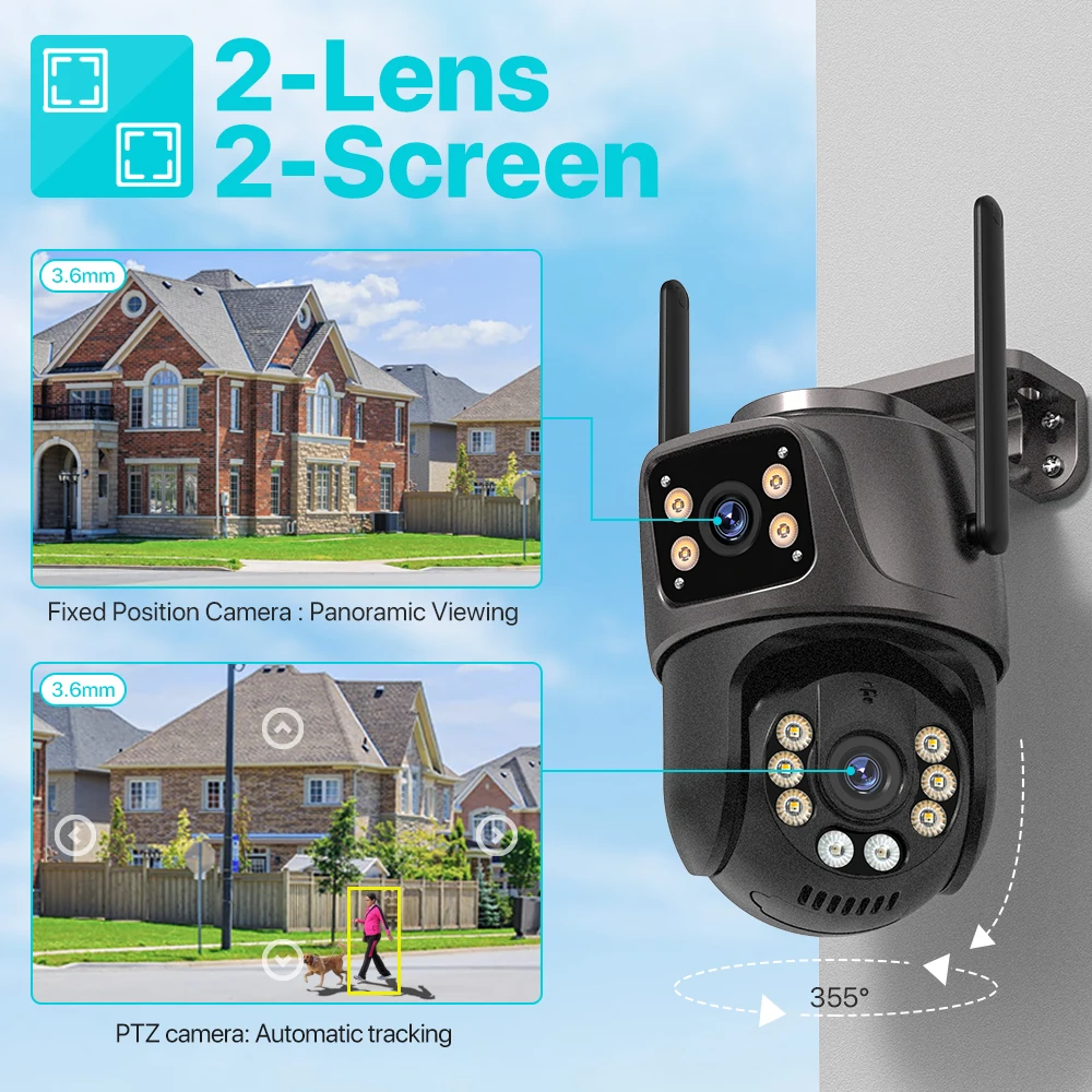 4K 8MP HD Wifi PTZ Camera Outdoor 4MP Dual Lens Dual Screen AI Auto Tracking IP Camera CCTV Audio Video Surveillance P2P iCSee-2
