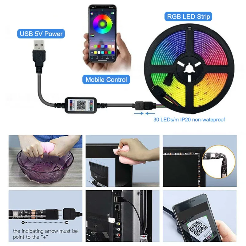 Bluetooth USB 5V RGB LED Strip Light 5050 Controller 1M 2M 3M 4M 5M Flexible Diode Lamp Tape Lights TV Background Lighting-2