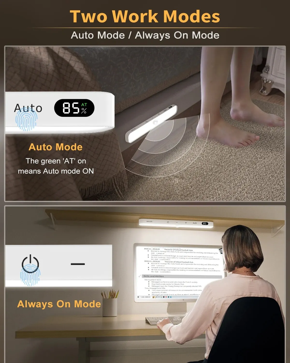 WILLED Motion Sensor Cabinet Light Battery Display 60 LED Touch Light Bar Wireless Rechargeable Battery Night Light-4