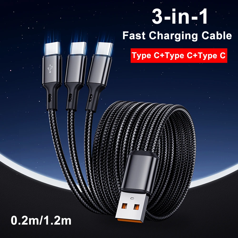 3 in1 USB to 3×Type - C Cable 100W 6A fast charge for Samsung S24 Xiaomi Huawei android phone usb c High-speed data transmission-3