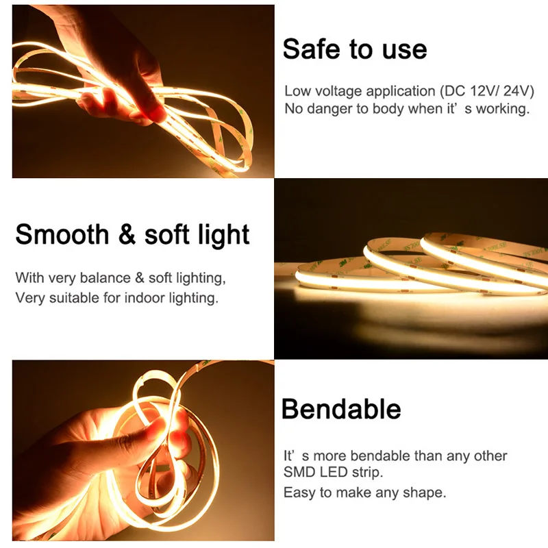 UL Listed COB LED Strip Light 320 480 LEDs/m 16.4ft High Density Flexible Tape Ribbon 3000-6500K RA90 Led Lights DC12V 24V-5