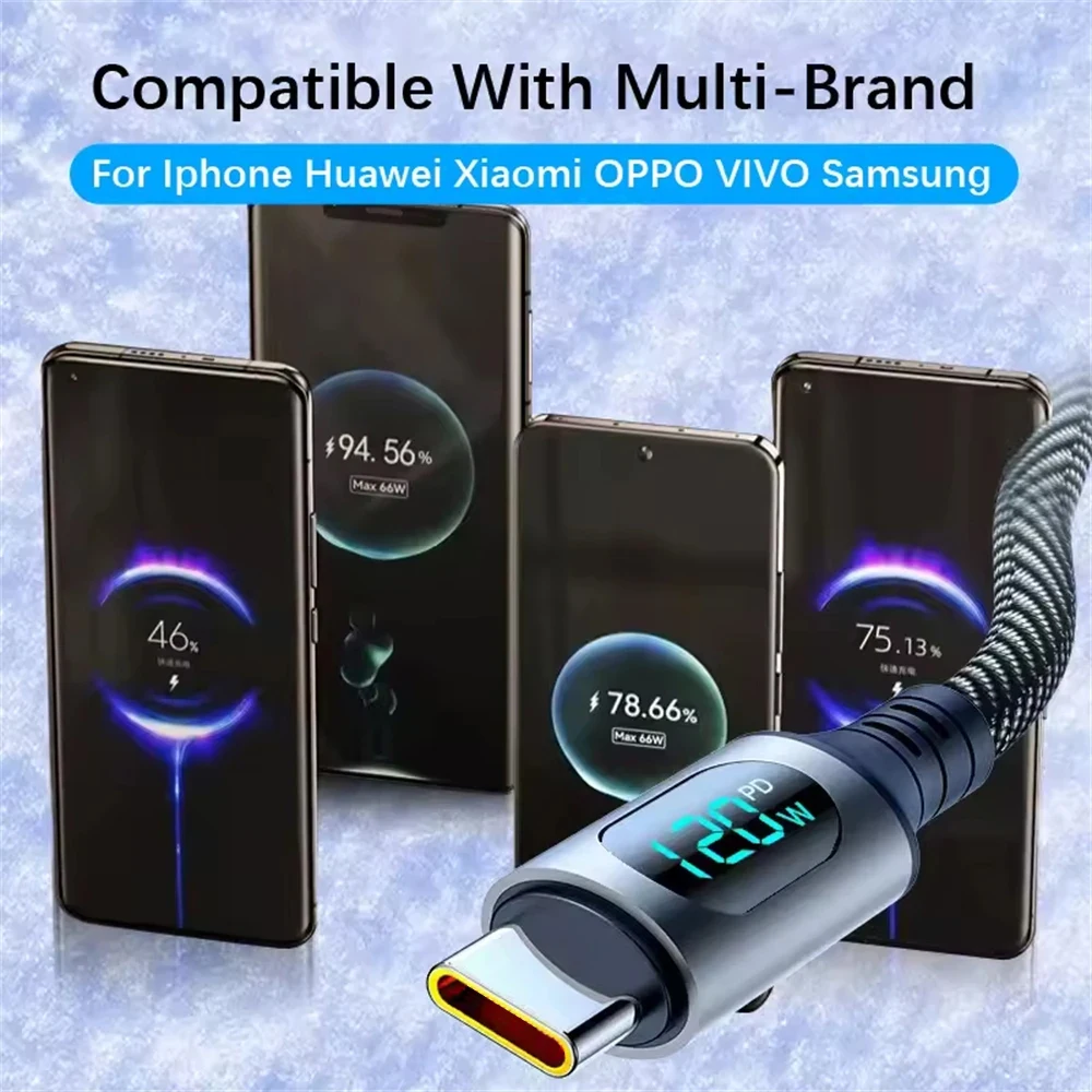 6A 120W USB A To Type C Super Fast Charge Cable Nylon Data Cord For Xiaomi Redmi POCO Samsung With Led Digital Display Cable-5
