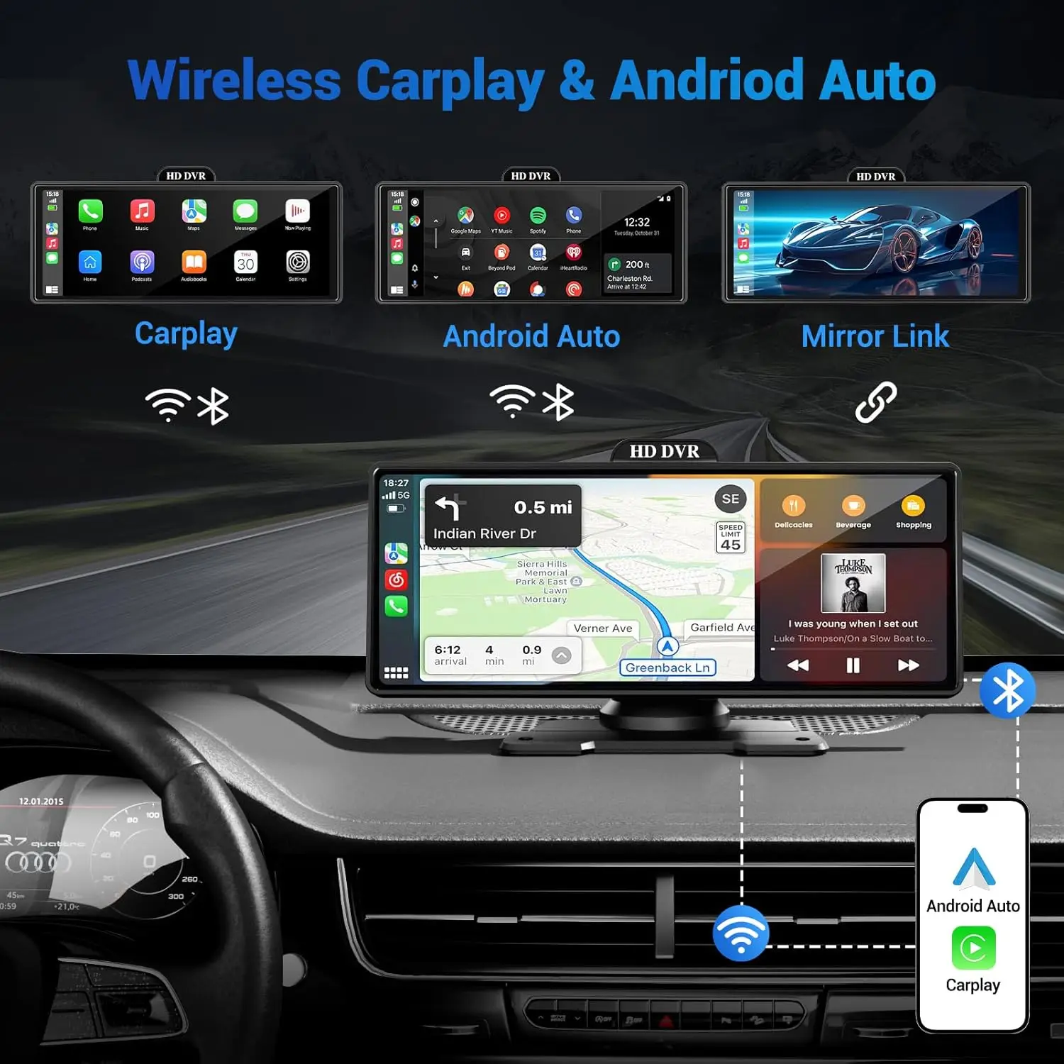 11.26 Inch 4K DVR Wireless CarPlay & Android Auto Dash Cam Bluetooth Audio GPS Navigation Dashboard Dual Lens Video Recorder-2