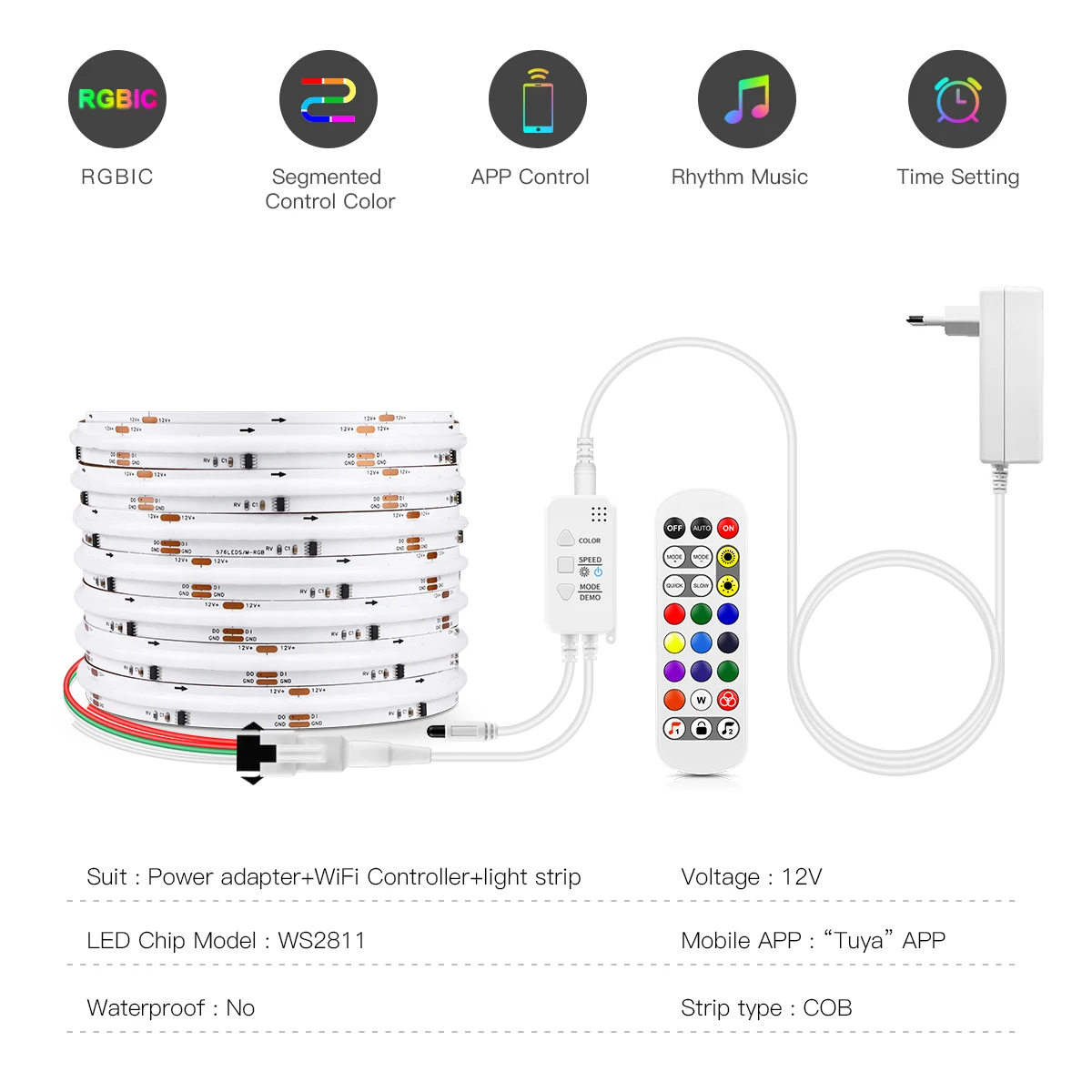 Tuya Smart WIFI RGBIC COB LED Strip Light Tape Addressable WS2811 IC Flexible RGB Neon LED Light 12V APPControl for Alexa Google-2