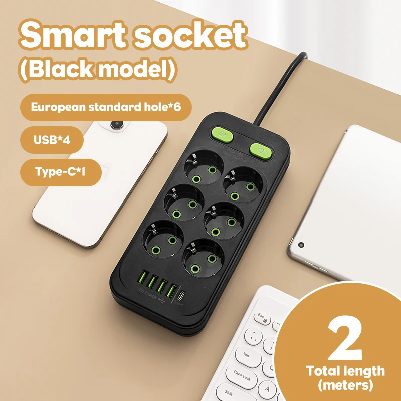 EU Plug AC Outlets Multitap Socket 2M Extension Cord Electrical Power Strip With USB Type C Fast Charging Network Filter Adapter-2
