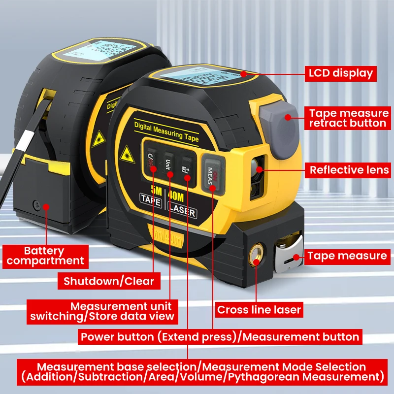 1pc Laser Tape Measure 3 In 1 Digital Tape Measure High Precision Laser Rangefinder Steel Tape Measure-6