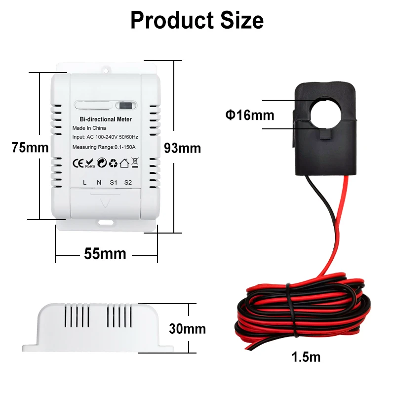 Tuya Smart Bi Directional WiFi Energy Meter 150A Clamp Current Sensor Transformer Solar PV Two Way Power Monitor 110V 240VAC-5