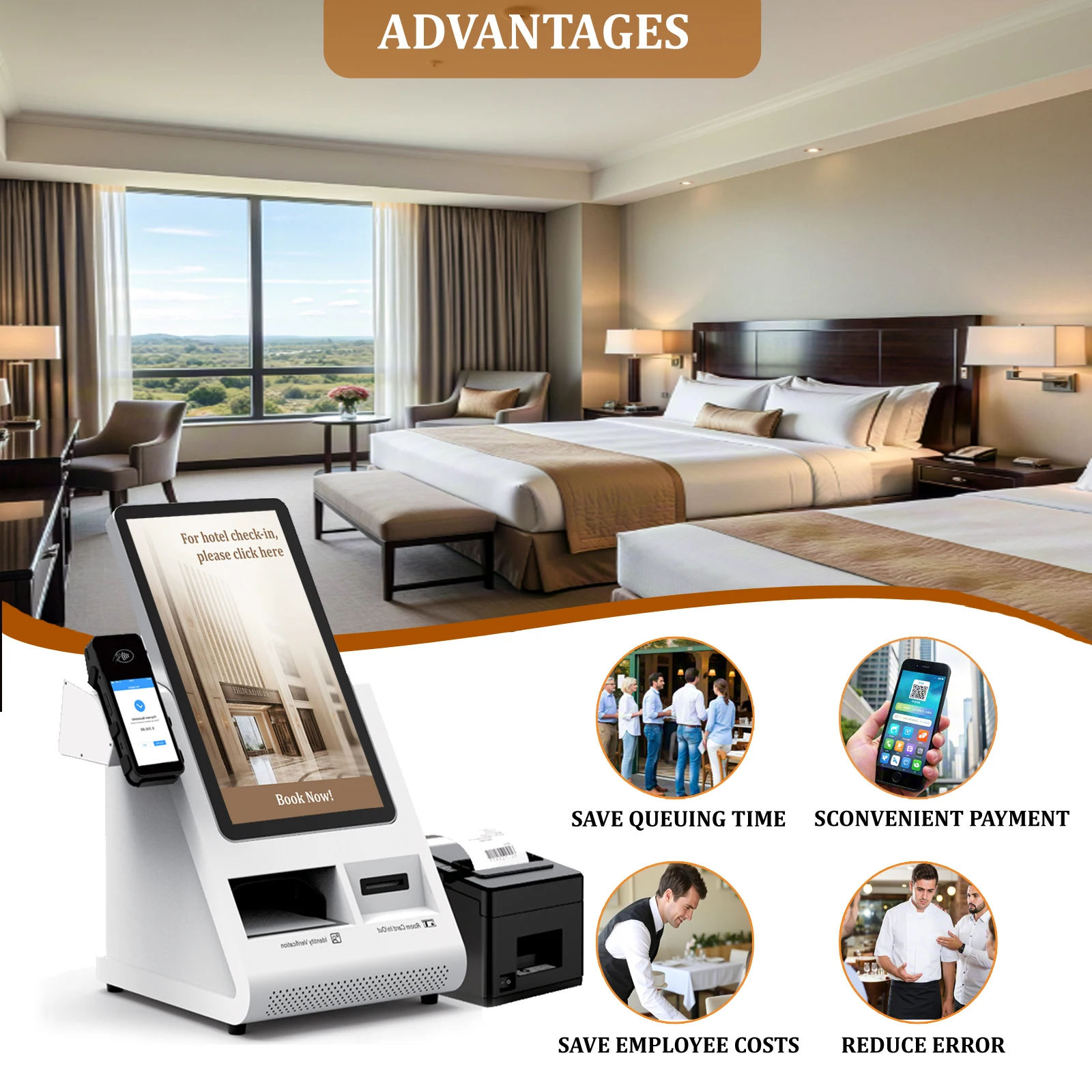 Hotel Desktop Self Check in Kiosk Android Pos Payment Kiosk Touch Screen Self Service Kiosk With Passport Scanner Card Dispenser-4