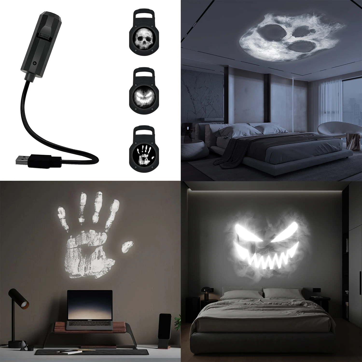 Skull projection lamp, 1+3 switchable pattern design, LED night light, suitable for room wall ceiling decoration, Halloween gift-6