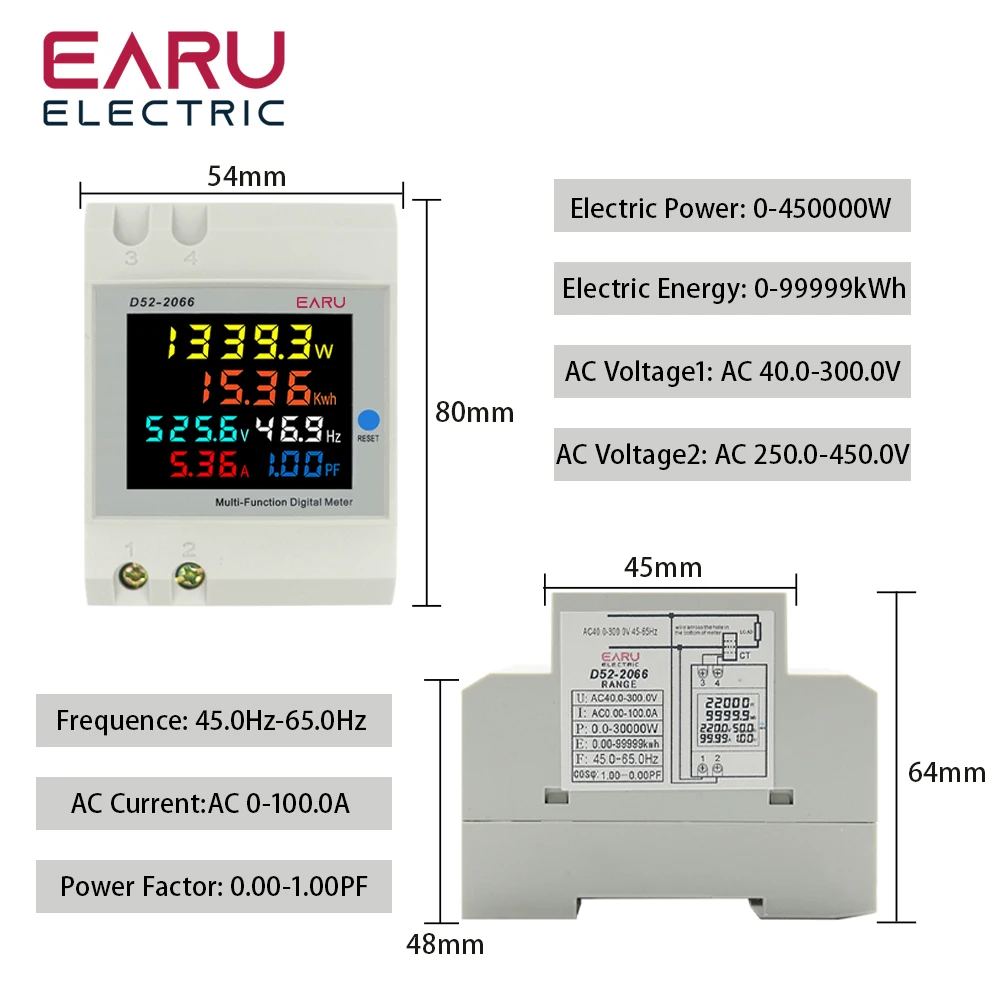 6IN1 Din Rail AC Monitor 110V 220V 380V 100A Voltage Current Power Factor Active KWH Electric energy Frequency Meter D52-2066-2