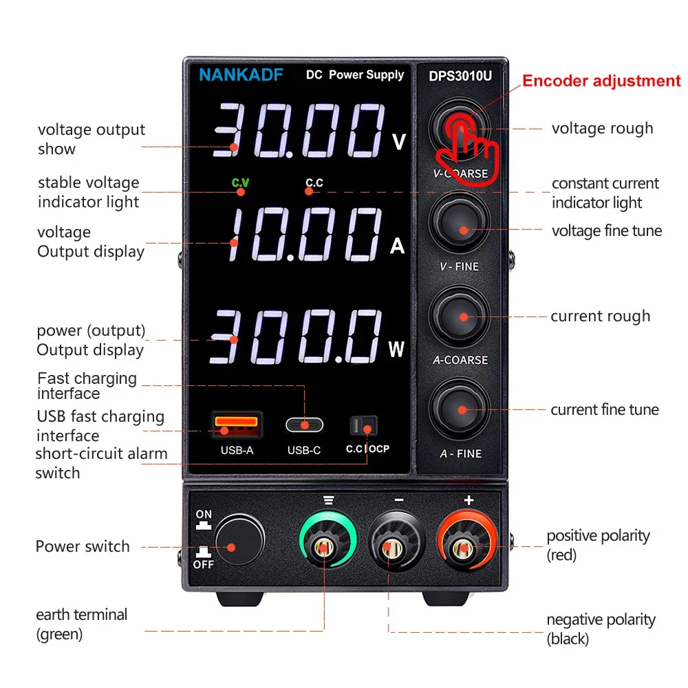 DC lab power supply 30V 10A adjustable power supply with 5V 2A USB charging display regulator, used for telephone maintenance-3