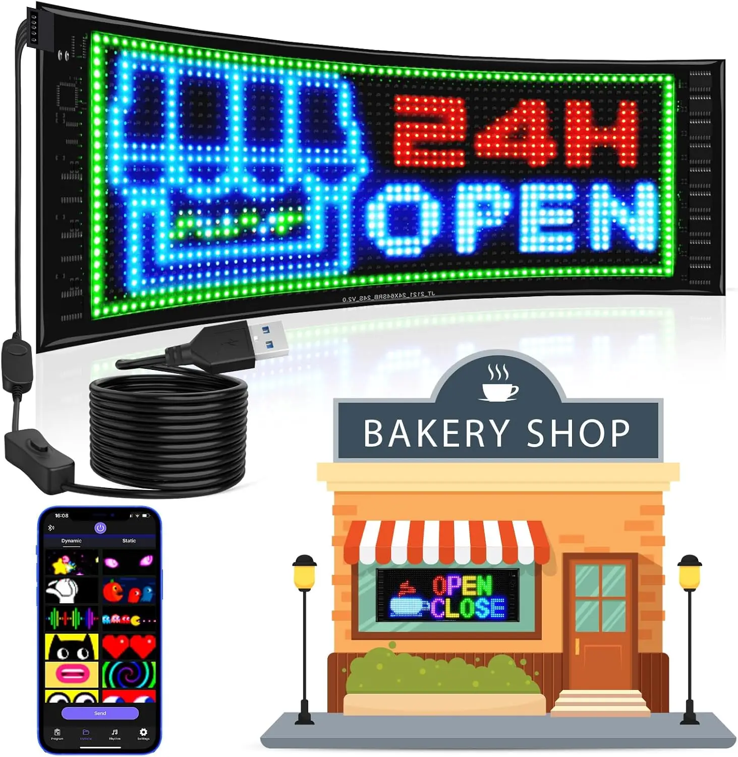 Full Color Double Row Scrolling LED Light Sign,  Flexible 5V/2A APP Control LED Signs Custom Text Message  Pattern Program