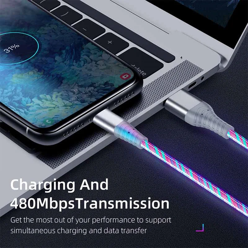 Flow Luminous USB Type C Cable 3A Fast Charging Data Cord for Samsung Xiaomi OPPO Huawei IPhone Charger Micro USB Wire LED Cable-6