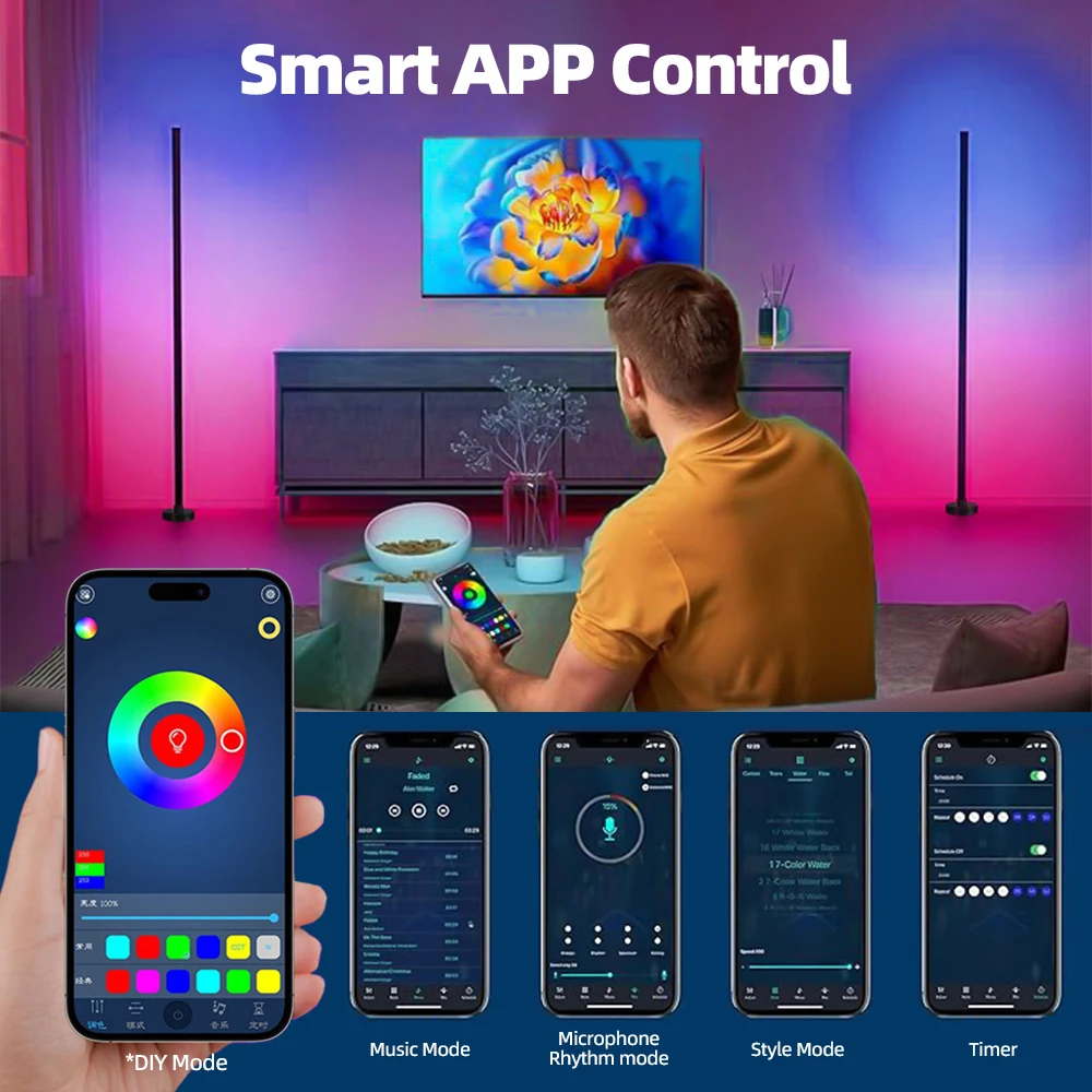 RGB LED Floor Lamp Remote APP Control Music Sync Corner Lighting Timer Smart Modern Mood Standing Lamp for Bedroom Living Room-5