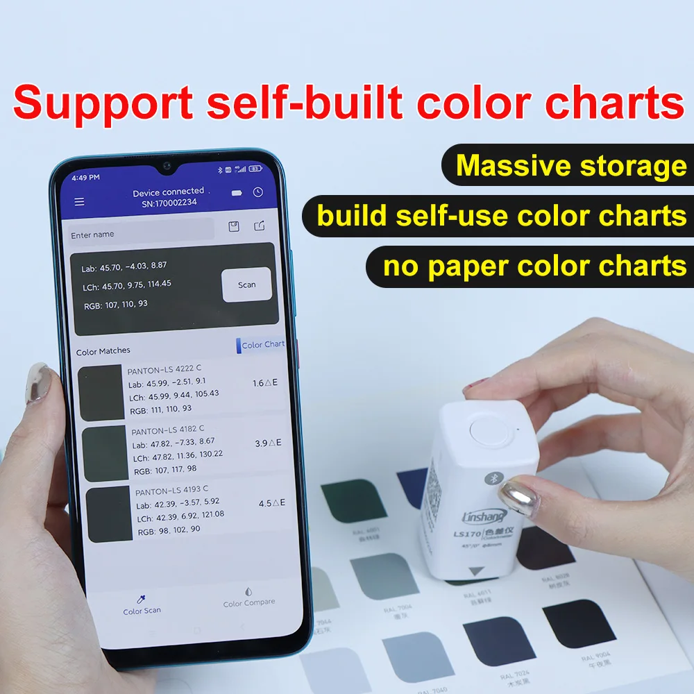Pocket Colorimeter Digital PantoneC/U/TPG Color Reader Bluetooth CMYK CIE LAB RGB Color Meter Best Price for Ink 45/0 LS170-5