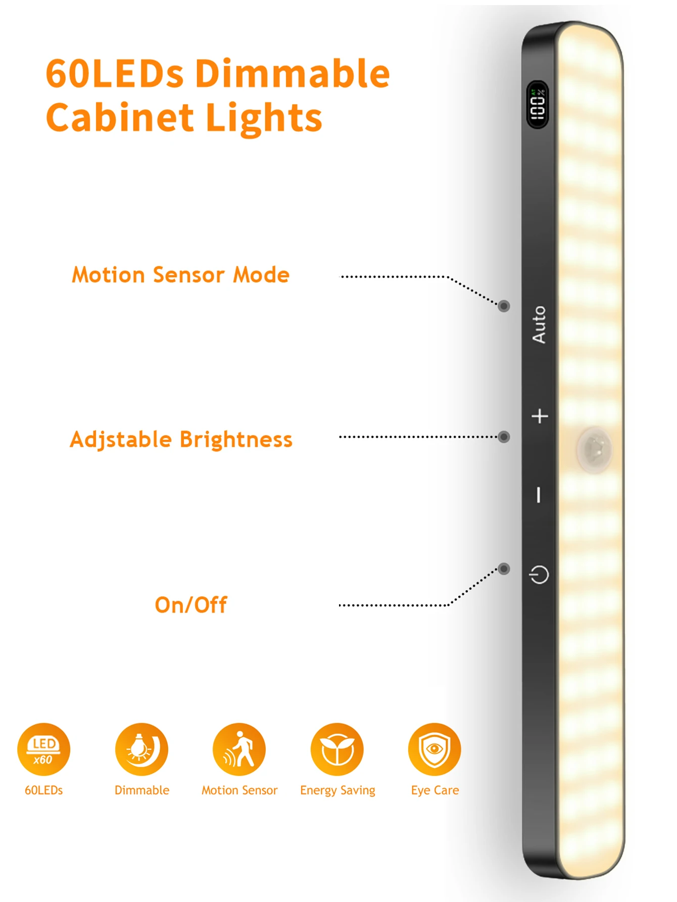 WILLED Motion Sensor Cabinet Warm Light Battery Display 60 LED Touch Light Bar Wireless Rechargeable Battery Night Light-3