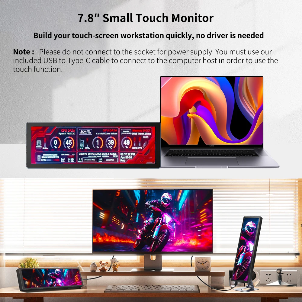 7.8 inch Long Wide Touch screen Monitor HDMI PC Temperature Display PC Sensor Panel Display Small Extender Monitor-4