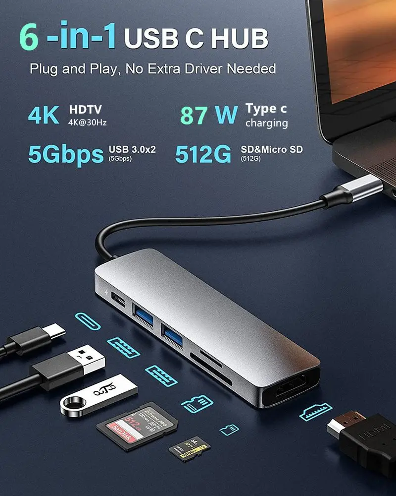 6/5/4/3 Ports USB C Hub to 4K HDMI-Compatible PD fast charge USB 3.0 2.0 HUB 4K 30Hz Charging Docking for MacBook iPad Samsung-6
