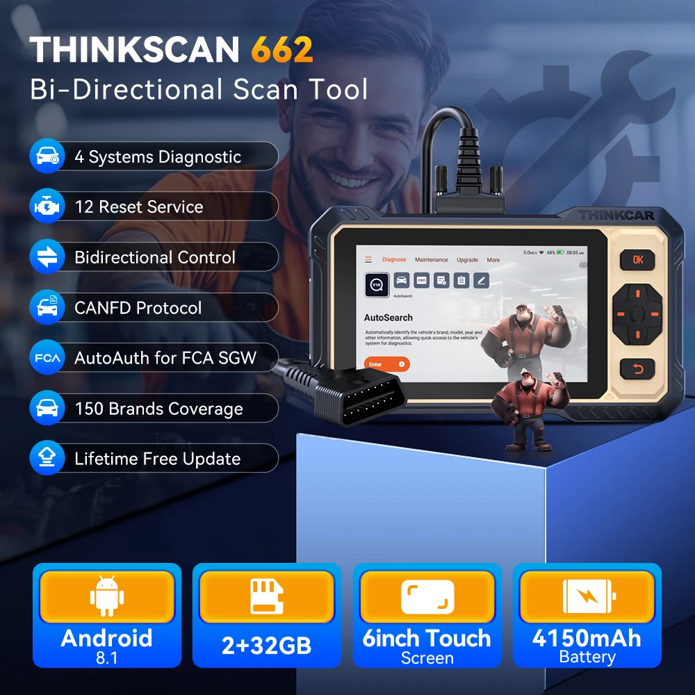 Thinkcar Thinkscan 662 Diagnostic Tools ECM/TCM/SRS/ABS 4 Systems OBD2 Scanner 12 Resets Lifetime Free Update CANFD Scan Tools-2