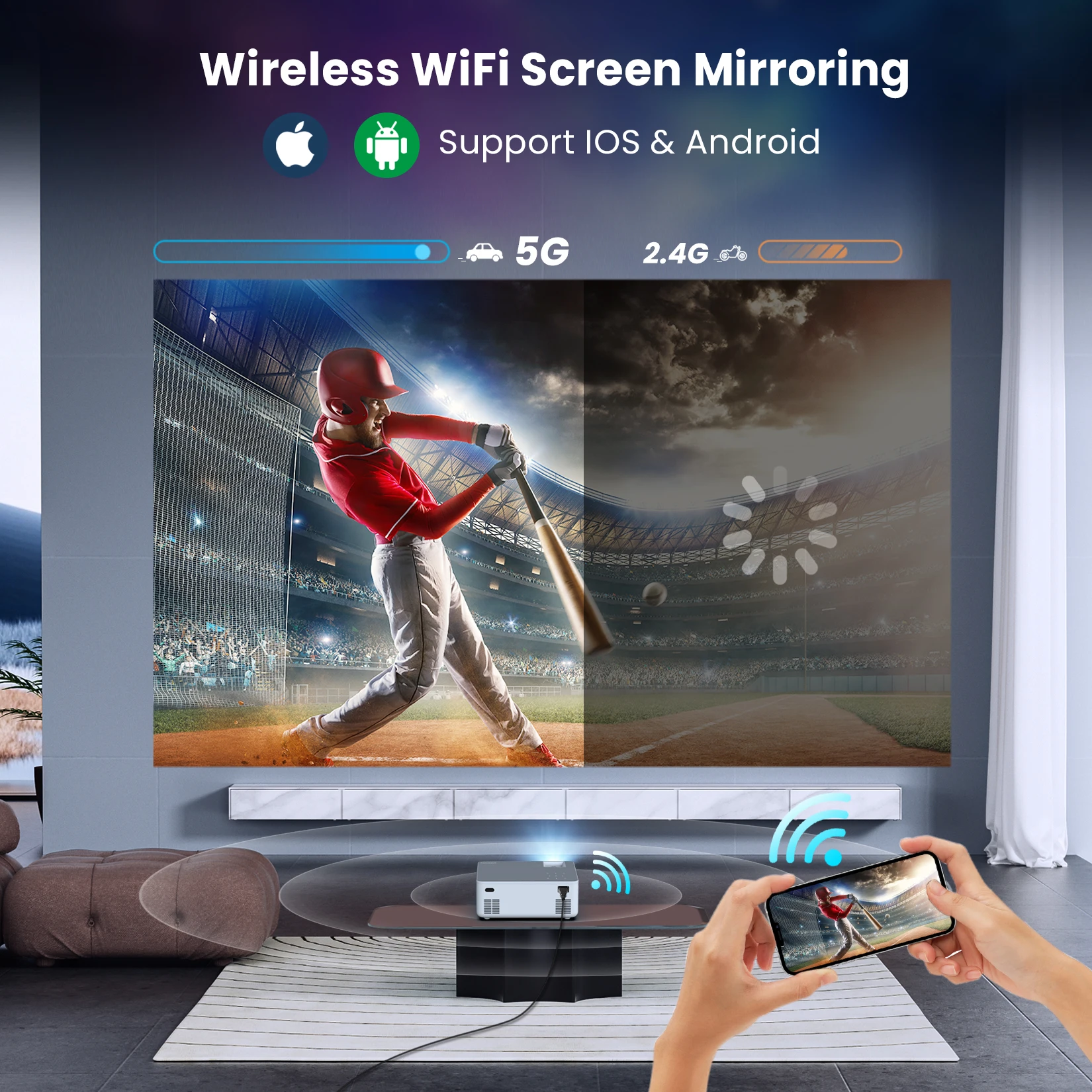 FANGOR Portable Outdoor 1200Ansi 4K Projectors Built-in Power Supply WiFi BT HIFI Theater Beamer Support iOS & Android HDMI USB-3