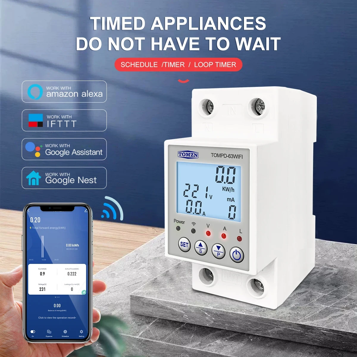 TOMZN 63A 110V 220V smartlife TUYA WIFI Circuit breaker Energy Meter Metering Timer with voltage current and leakage protection-2