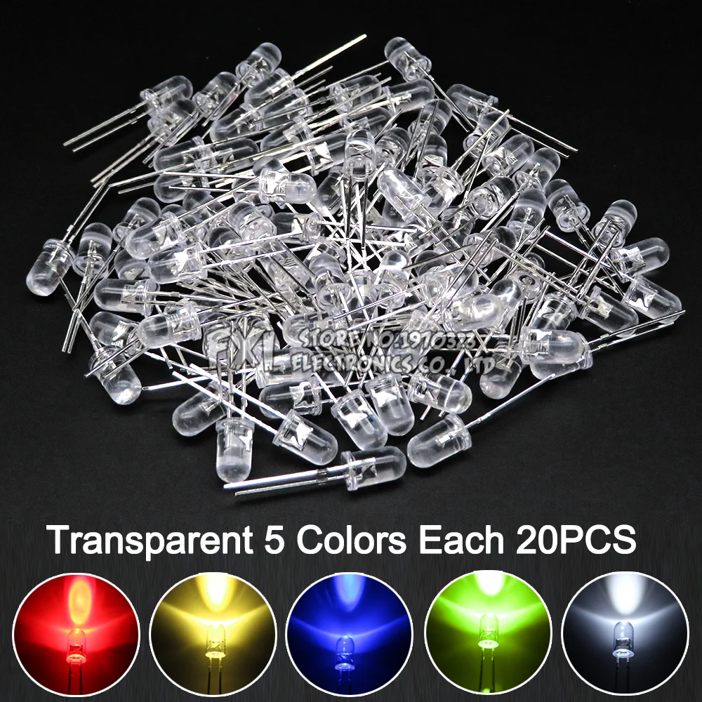 100PCS F5 LED Diode 5MM Assorted Kit White Green Red Blue Yellow Orange Pink Purple Warm White DIY kit Light Emitting Diode bxv-4