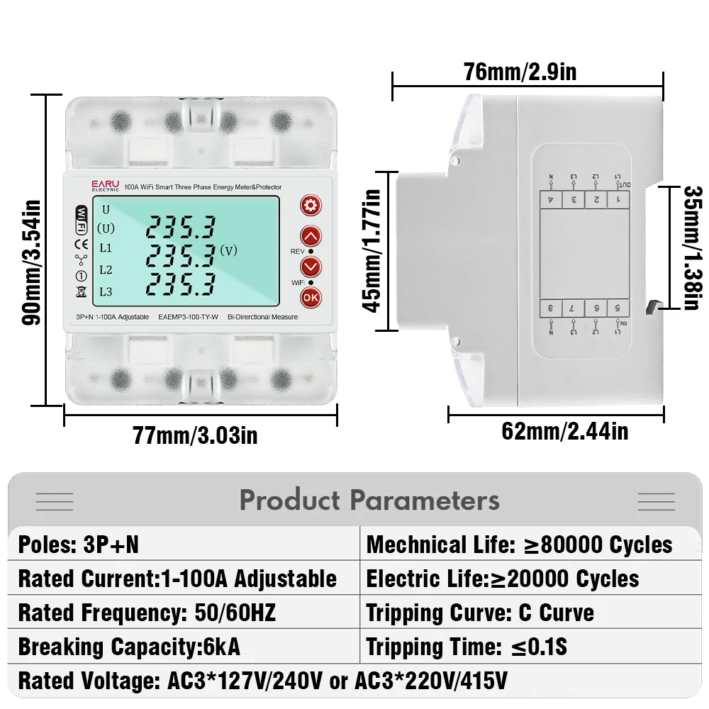 3 Phase 380V 100A Tuya WiFi Smart Bi-Directional Energy Power kWh Meter Over Under Voltage Protector Relay Switch Current Limit-2
