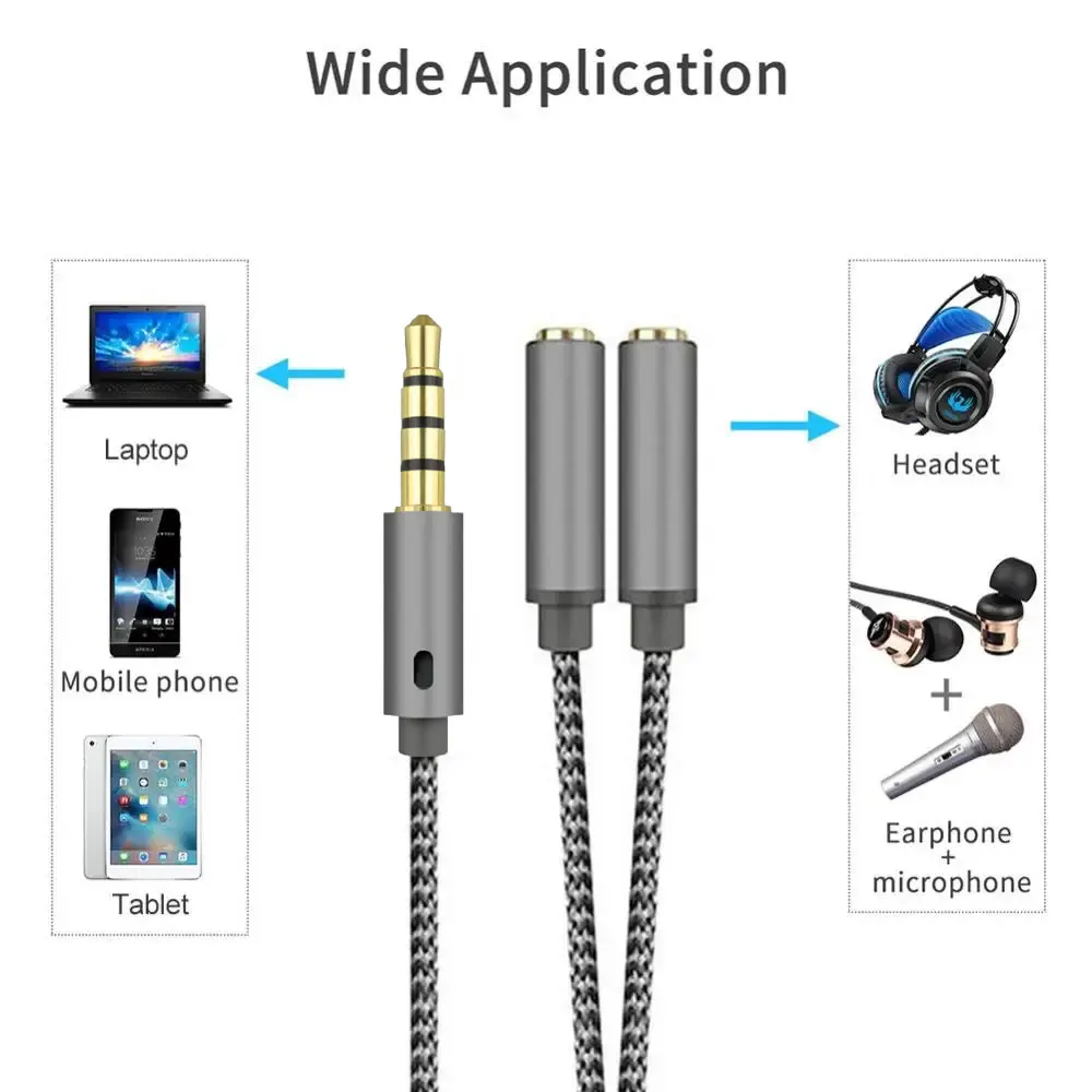Headset Adapter Headphone Mic and Speaker Y Splitter Cable 3.5mm  Audio Male to 2 Female For Earphone Extense Mobile Audio-6