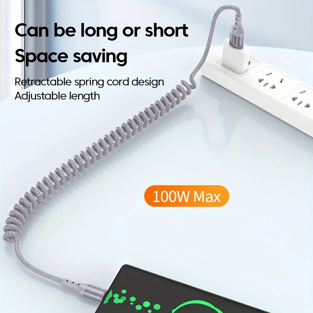 100W USB Type C Spring Car Fast Charging Cable for Samsung Xiaomi Huawei 60W USB C Data Cord for iPhone 15 Huawei USB C Wire-4