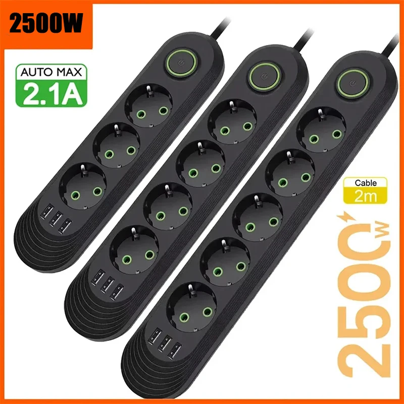 2500W EU Plug AC Outlet Multiprise Power Strip 2M Extension Cord Electrical Socket Network Filter With USB Ports Fast Charging