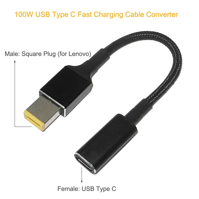 100W USB Type C Female to Square Plug Converter USB-C Fast Charging Cable Laptop Dc Power Adapter Connector for Lenovo Thinkpad