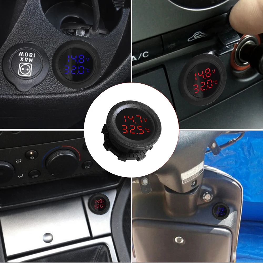Car Round Temperature Voltmeter 12-24V Auto Voltage Meter Display Digital Measurement for Car Motorcycle Boat Thermometer-3