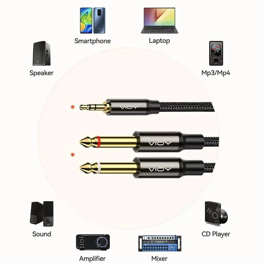 3.5 to 6.35 Stereo Cable 3.5mm TRS to 2 x 6.35mm TS Mono Y Splitter Audio Cord Compatible with Phone iPod Laptop Mixer Amplifier-3