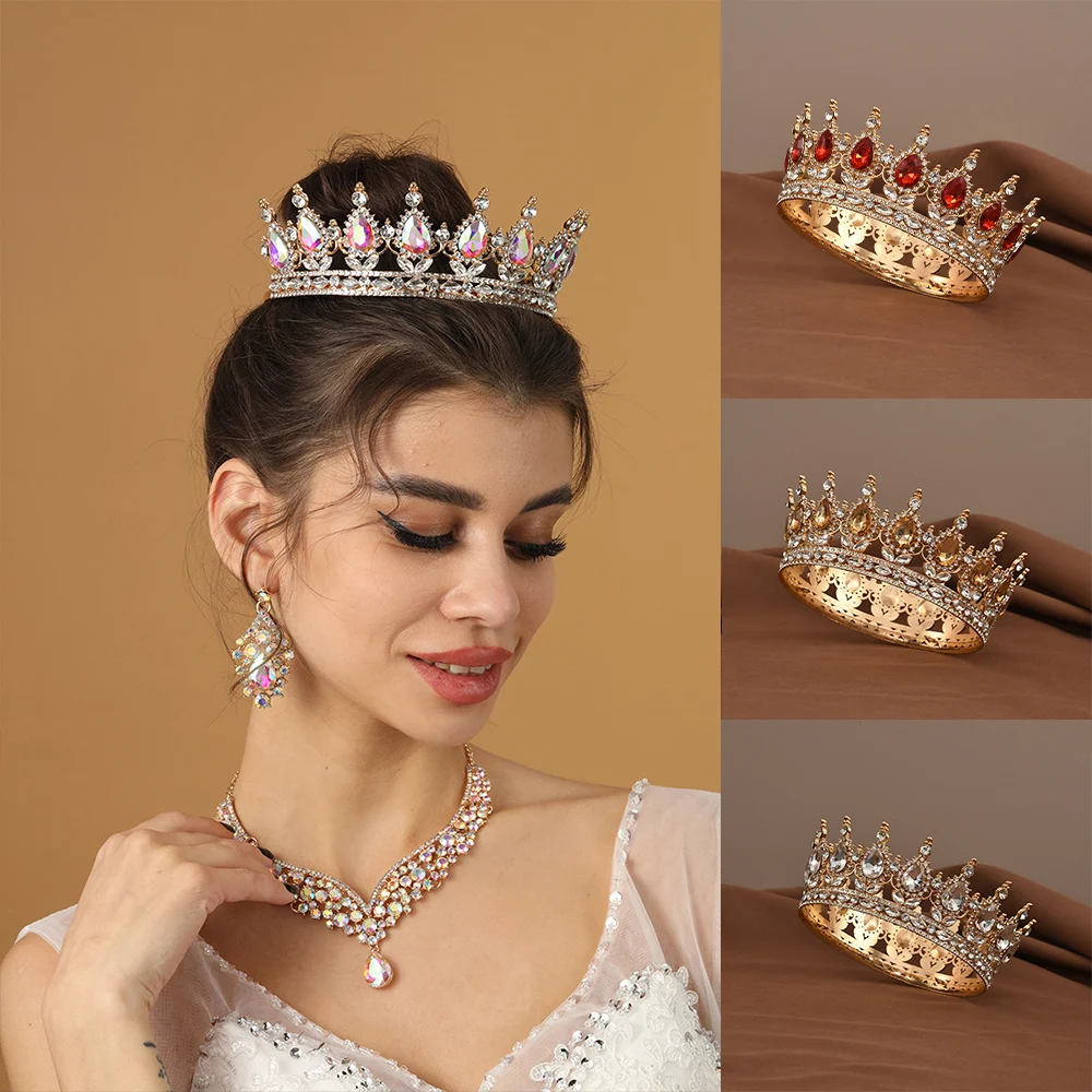 European Princess Queen Tiara Round Baroque Pageant Crowns Crystal Full Crown King Tiaras Bridal Wedding Hair Accessories-2