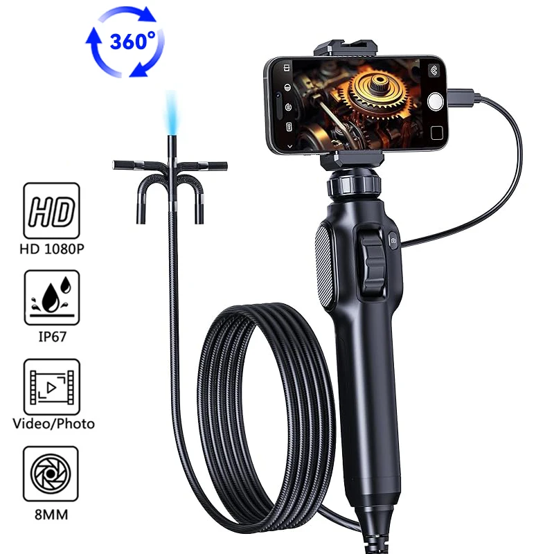 Articulating Borescope 1080P 360° Steering Endoscope with Articulation Cars Inspection Camera with 8 LED Lights for Android/IOS