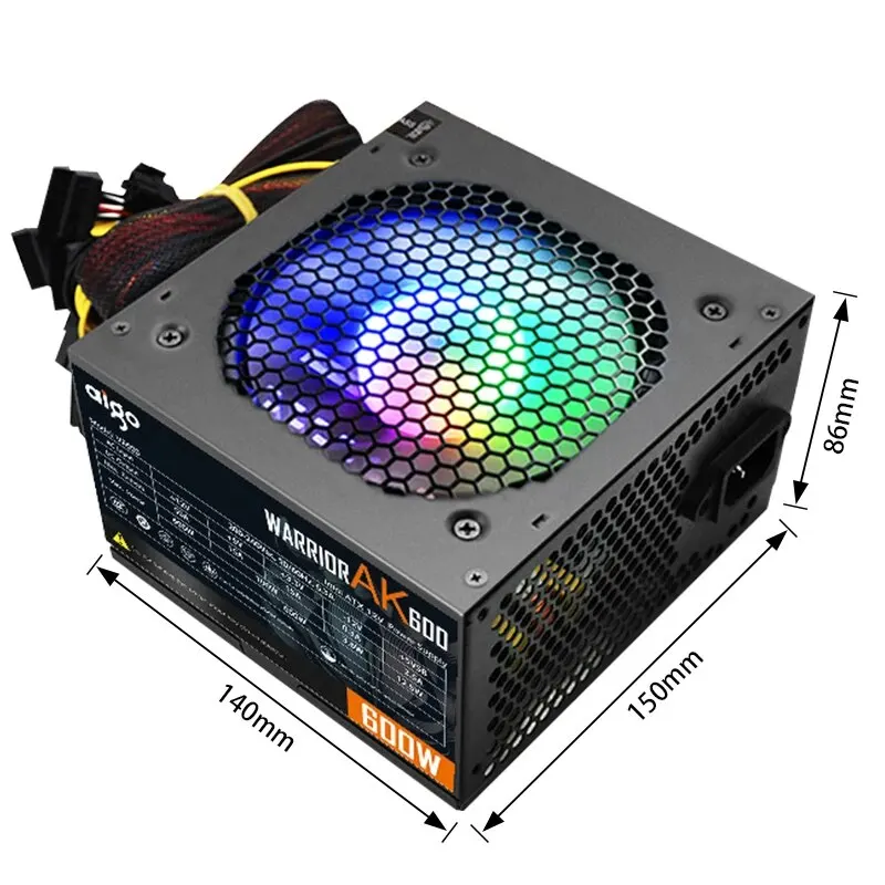 Aigo AK 600W PC PSU Power Supply Unit Black Gaming Quiet 120mm RGB Fan 24pin 12V ATX Desktop Computer Power Supply for BTC-6
