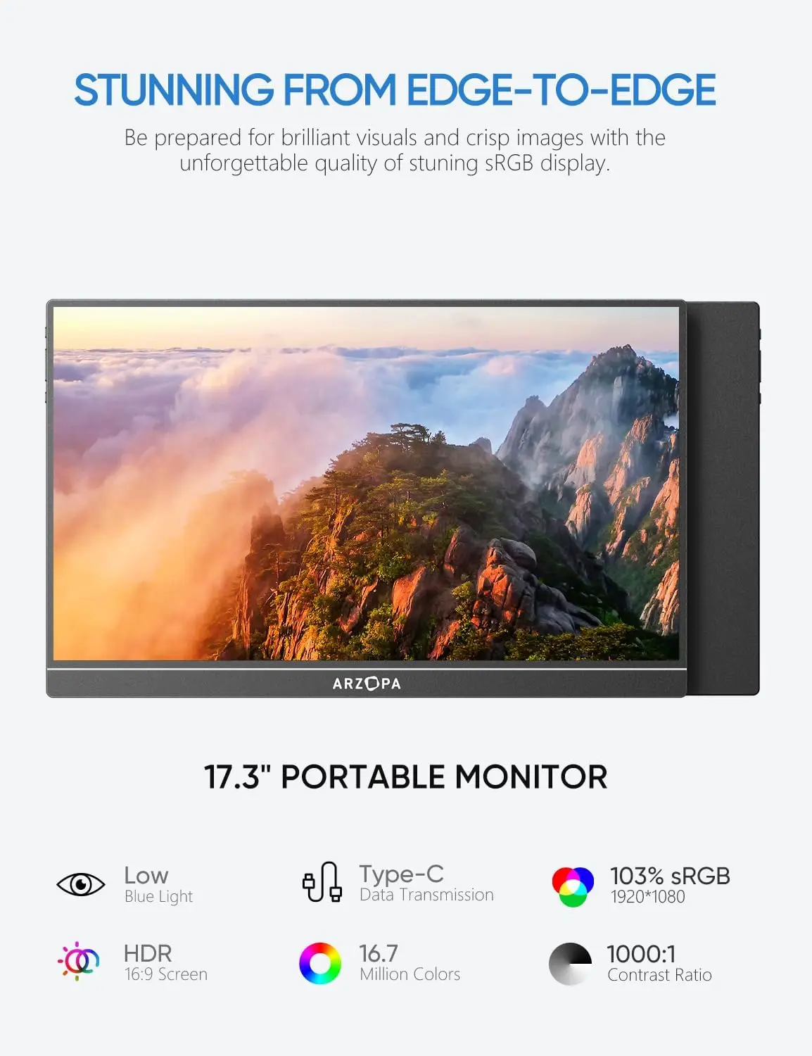 ARZOPA Portable Monitor 17.3'' 1080P HDR IPS Kickstand Speakers for PC Mac Phone Xbox Switch PS HDMI USB External Laptop Screen-2
