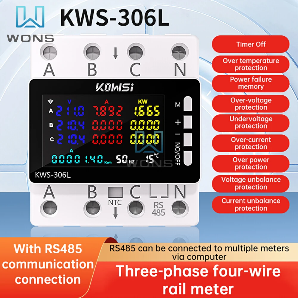 KWS-306 Tuya WIFI Power Meter Voltage Current  Energy Meter Three Phase Four Wire Rail Phone APP Remote Control AC 85-290V 80A-6