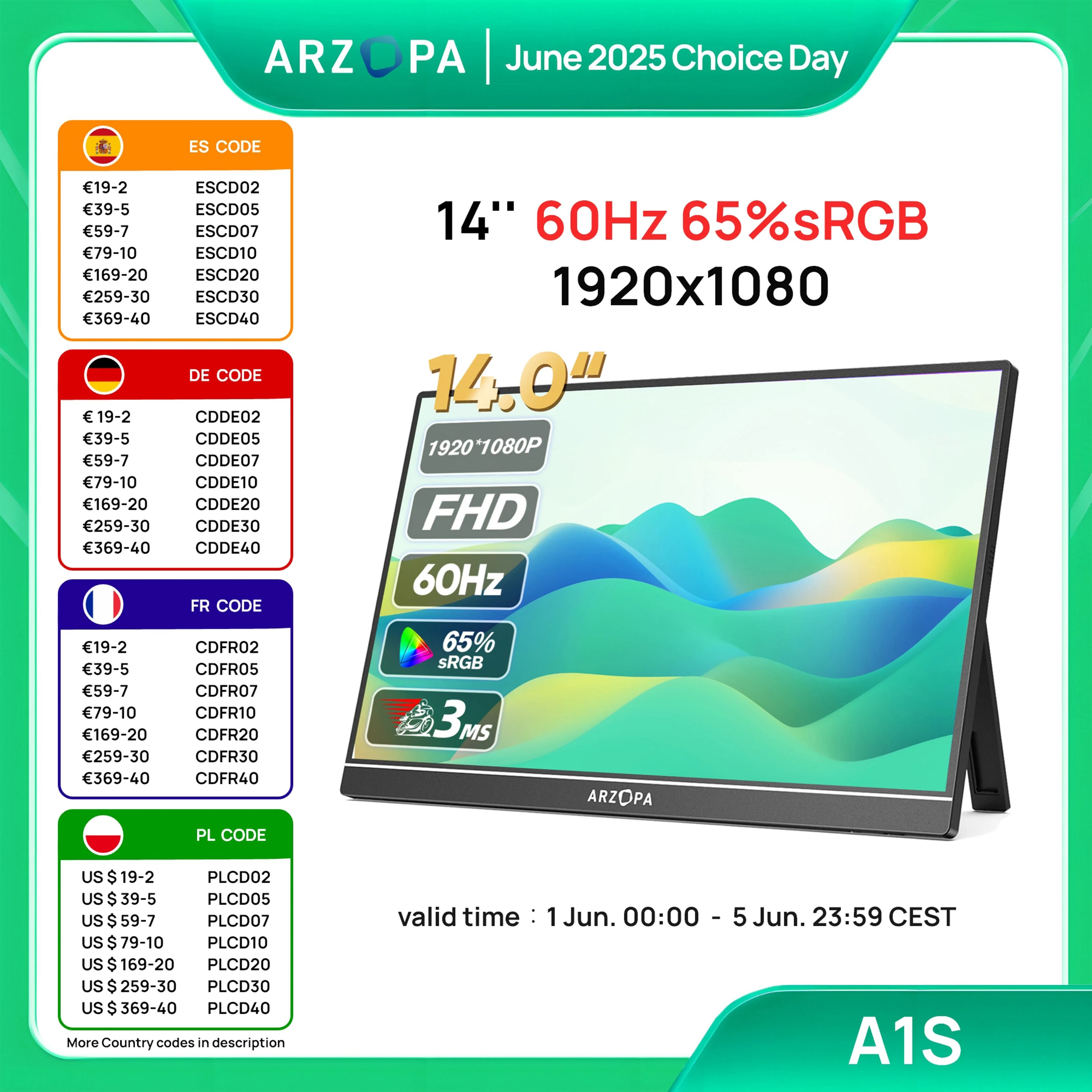 ARZOPA 14 inch 1080P FHD IPS Portable Monitor with USB C HDMI External Second Screen for Mac/Laptop/PC/Switch/PS/Xbox A1S