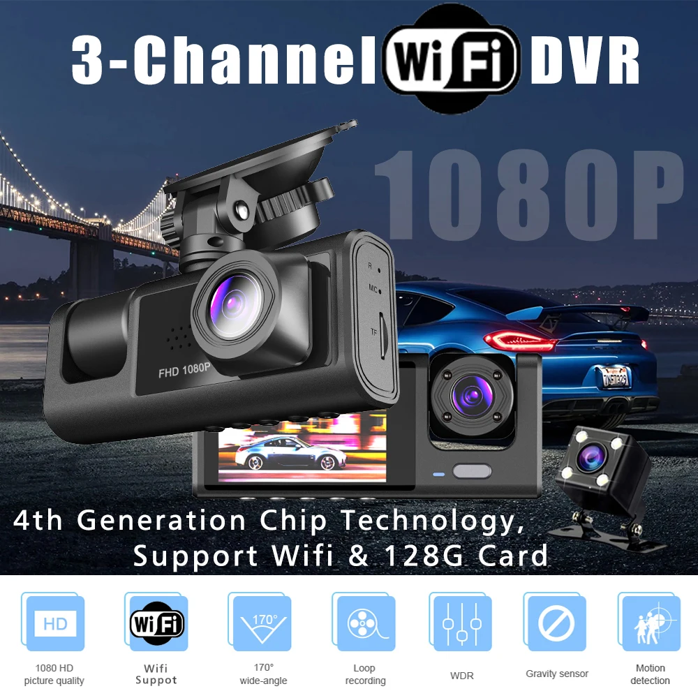 WiFi 3 Channel Mini Car DVR Three Way Dash Cam Inside Vehicle Camera DVRs Recorder FHD 1080P Video Dashcam Camcorder Black Box-2