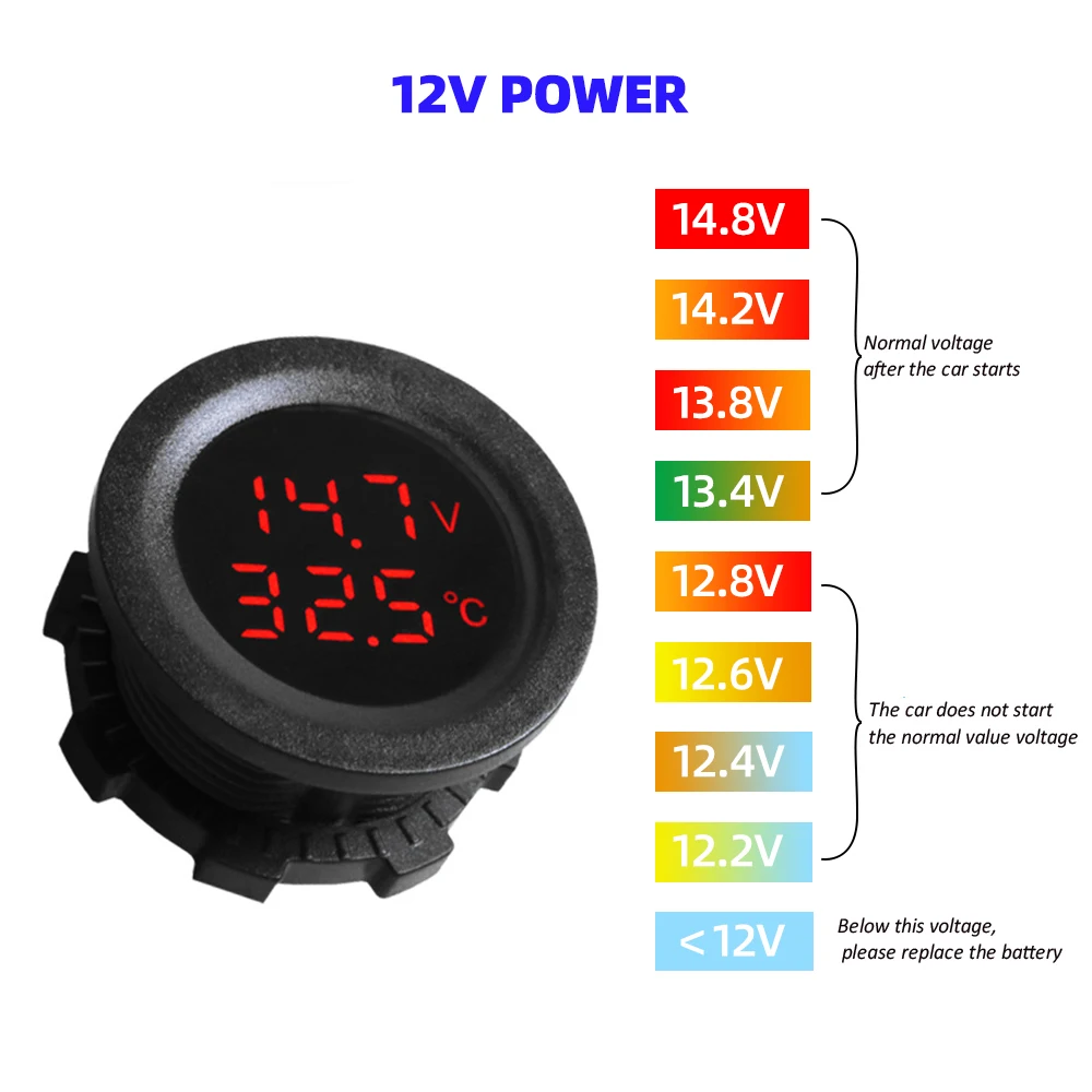Car Round Temperature Voltmeter 12-24V Auto Voltage Meter Display Digital Measurement for Car Motorcycle Boat Thermometer-2