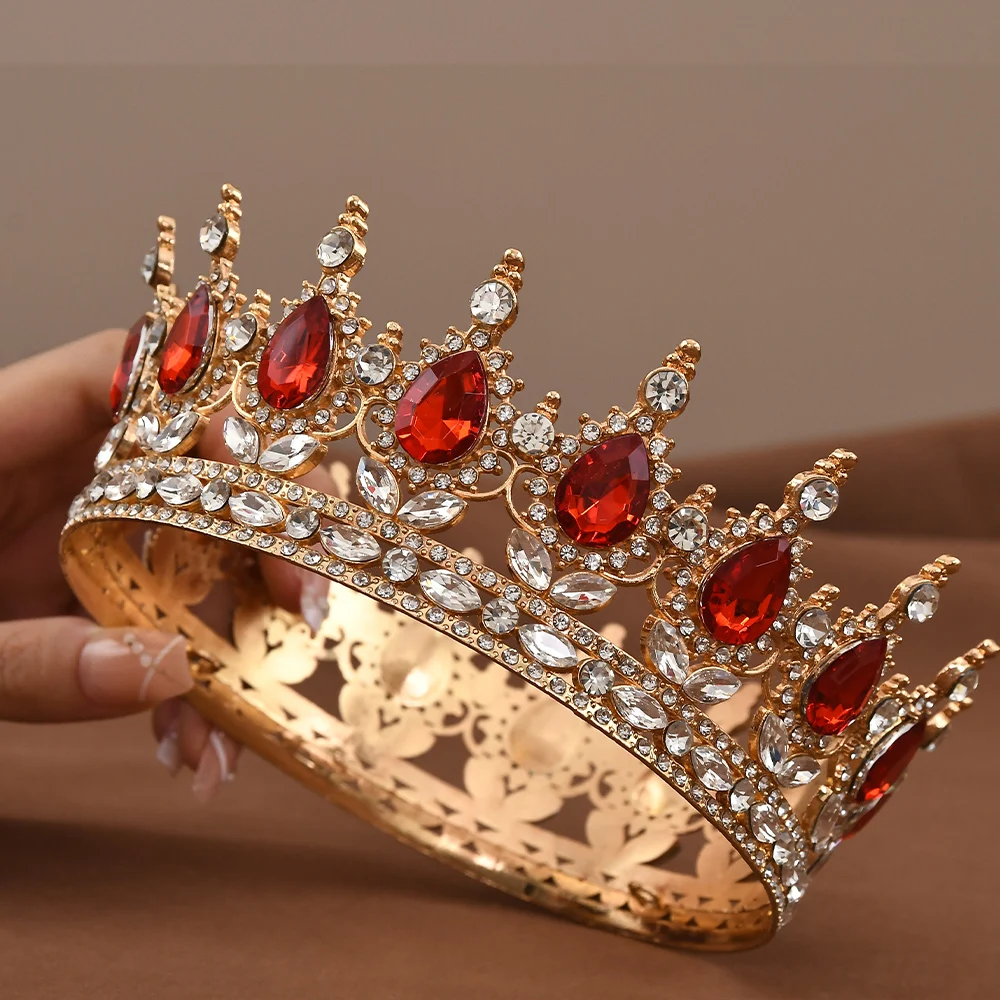 European Princess Queen Tiara Round Baroque Pageant Crowns Crystal Full Crown King Tiaras Bridal Wedding Hair Accessories-5