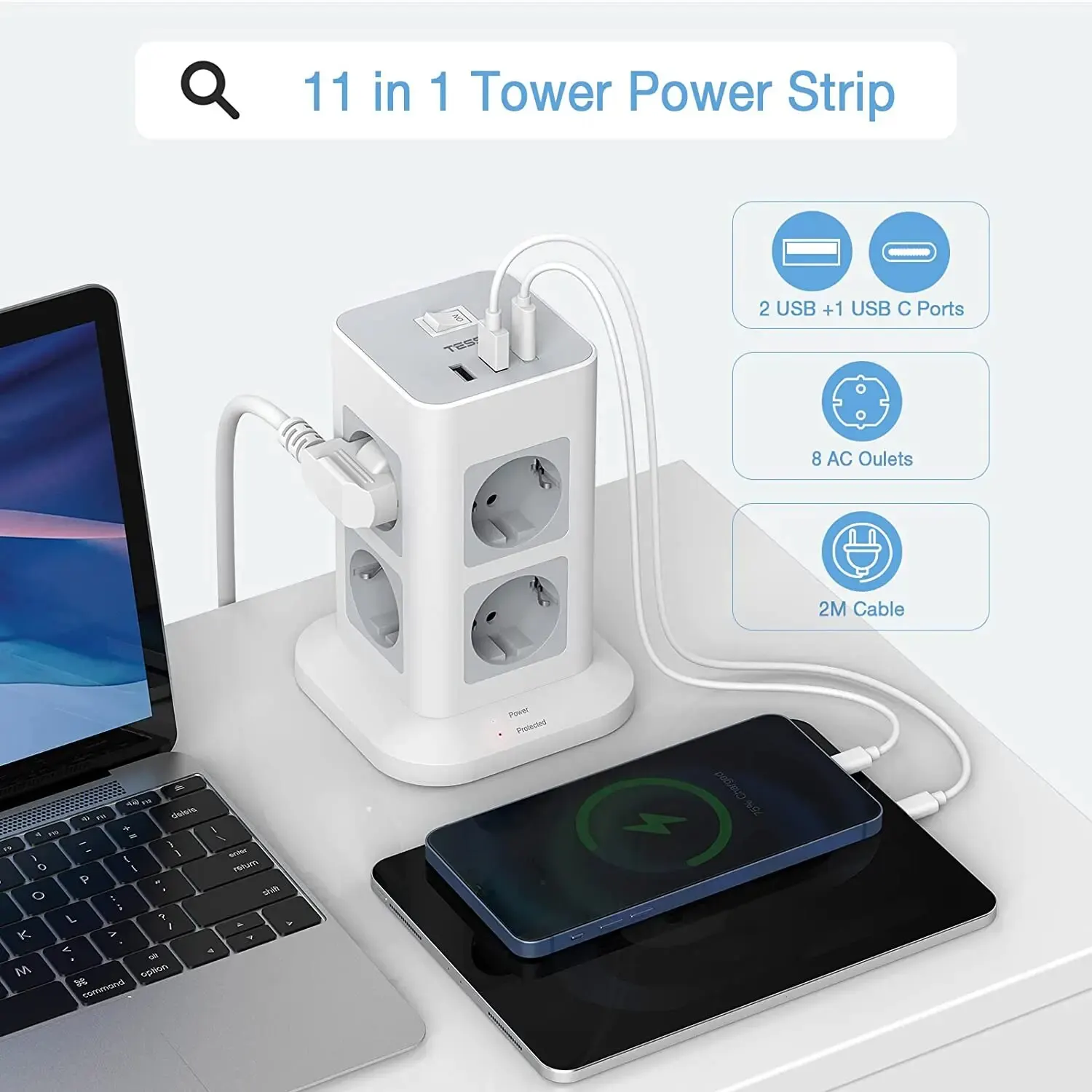 TESSAN Tower Power Strip Multi Outlets with 2 USB +1 Type C 2M Extension Cable EU Plug Vertical Electric Socket Surge Protection-2