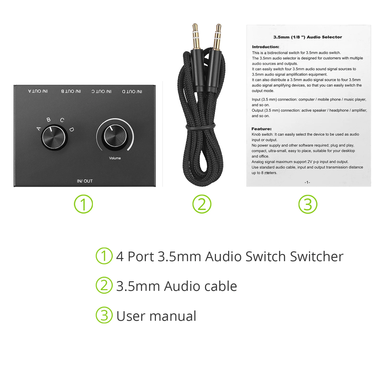 4 Way/2 Way 3.5mm Stereo Audio Switcher Bi-Directional Audio Switch Splitter Box 2 In 1 Out 4 In 1 Out with Mute Button-6