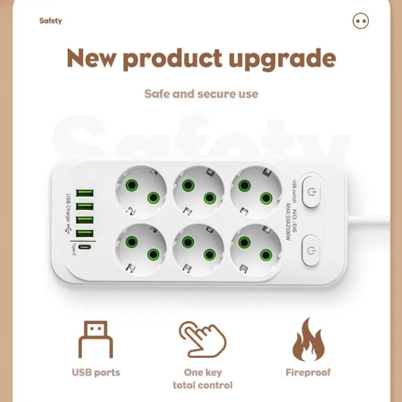 EU Plug Power Strip 6 AC Outlet Multitap Extension With 5 USB Ports 3m Cord Electrical Socket 2500W Fast Charge Surge Protector-2