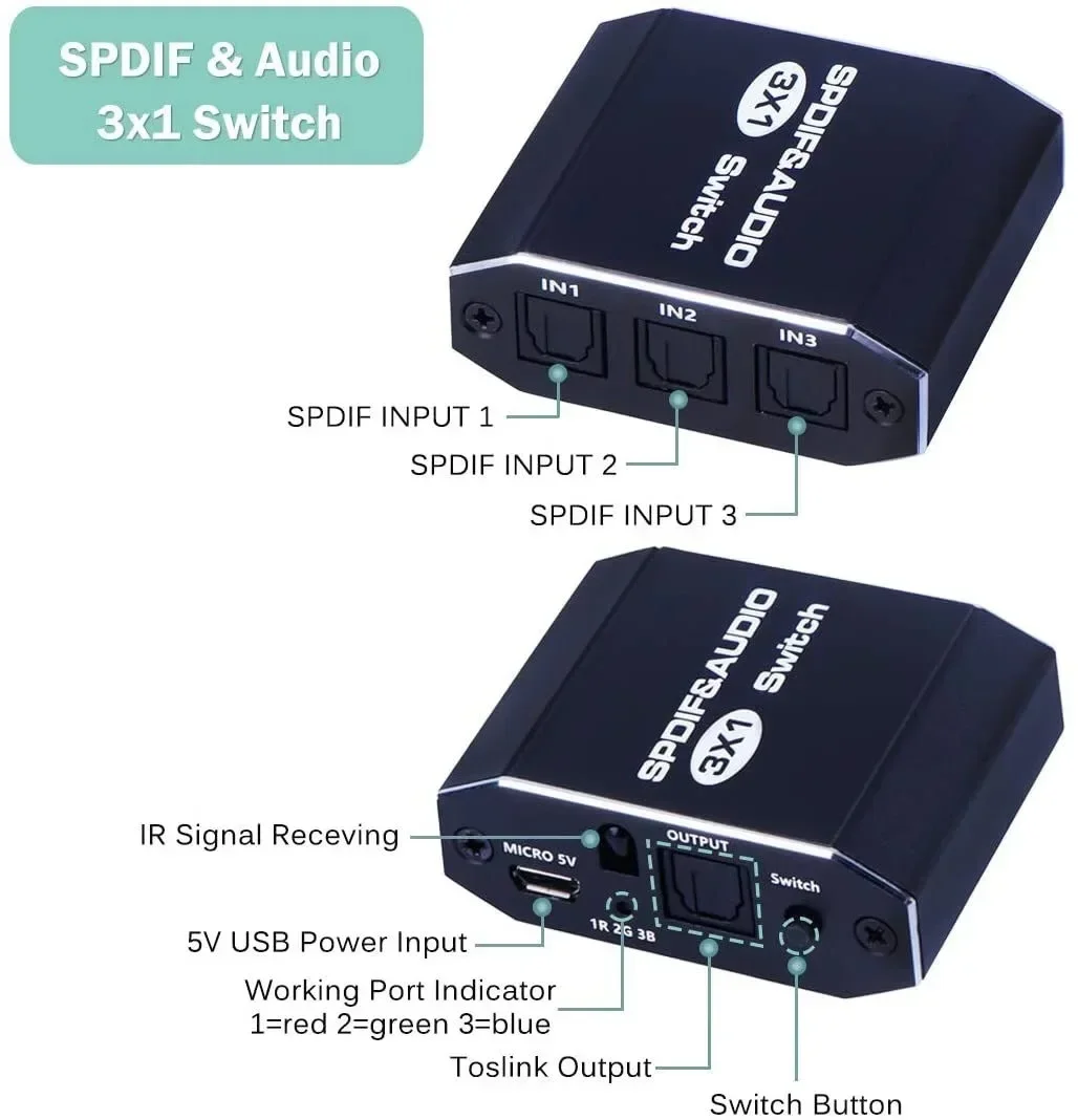 3 Port SPDIF Toslink Audio Switch 3x1 Digital Optical Audio Switcher Selector Hub with IR Remote Support LPCM 2.0-3