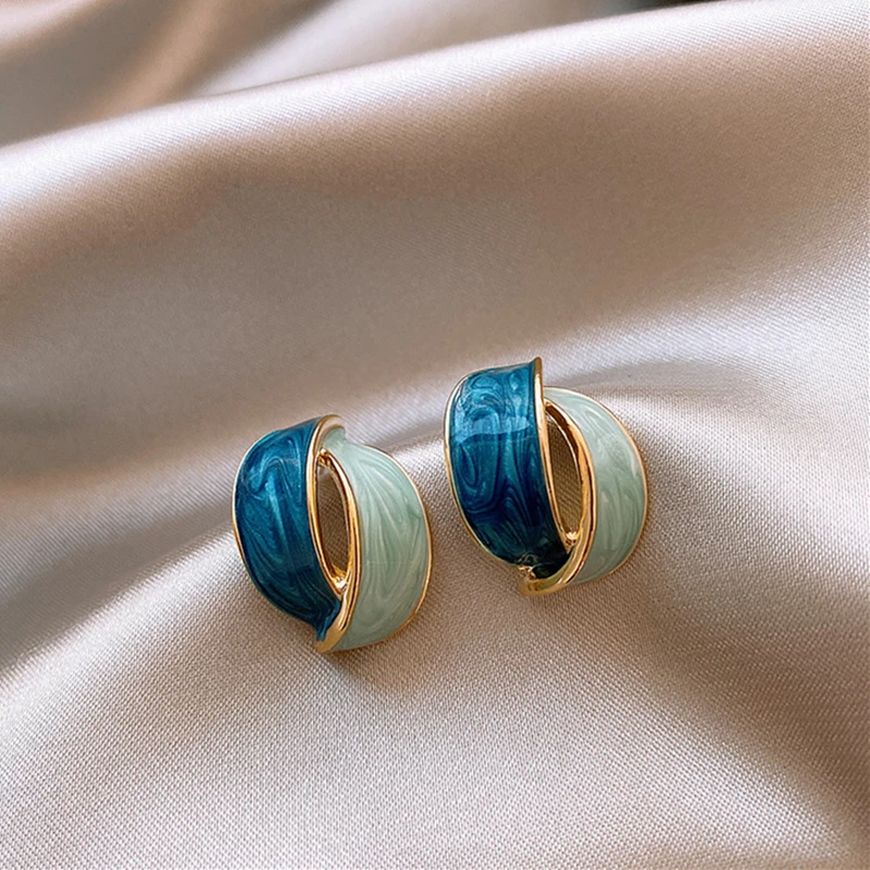 Korean Double Arc Cross Enamel Stud Earring for Women Personality Contrast Color Blue Geometric Earring Jewelry Party Pendientes