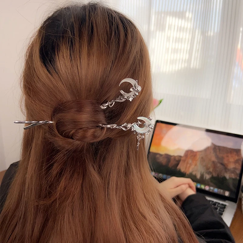 Romantic Moonstone Star Moon Hair Stick Metal Branch Hairpin Hair Fork Chinese Style Hair Accessories for Girls Hair Jewelry-6