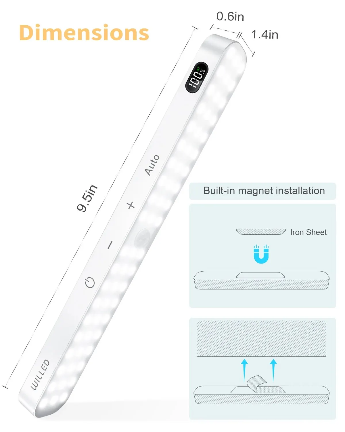 WILLED Motion Sensor Cabinet Light Battery Display 60 LED Touch Light Bar Wireless Rechargeable Battery Night Light-5